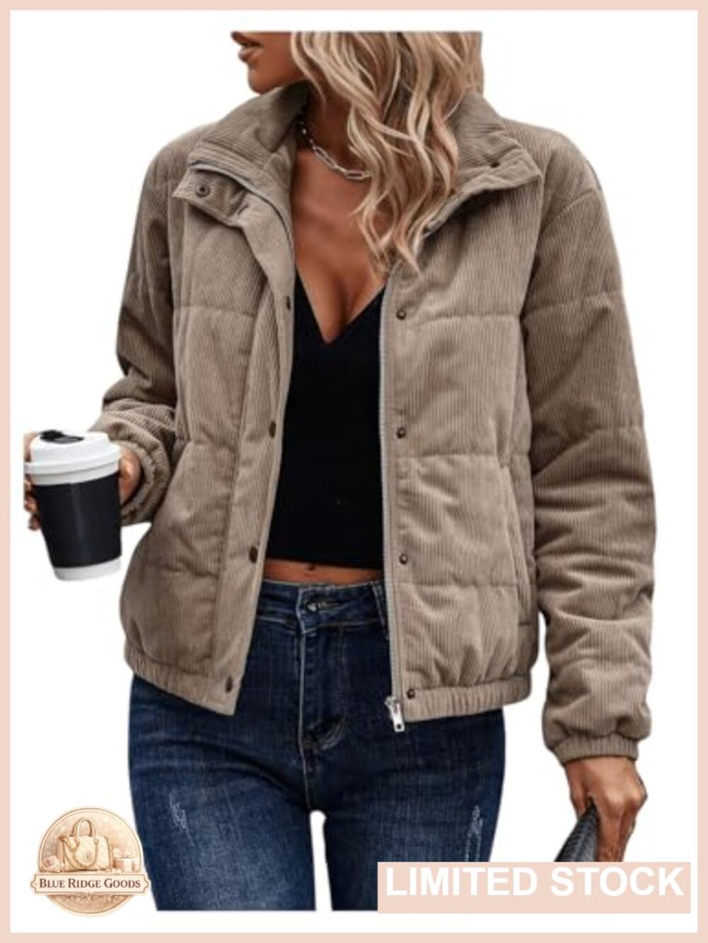 Womens Corduroy Quilted Puffer Jacket Zip Up Padded Bomber